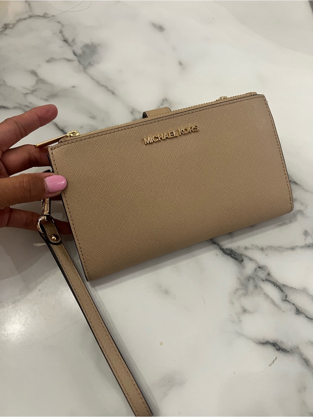Like new - Michael Kors Taupe Saffiano Leather Wristlet Clutch